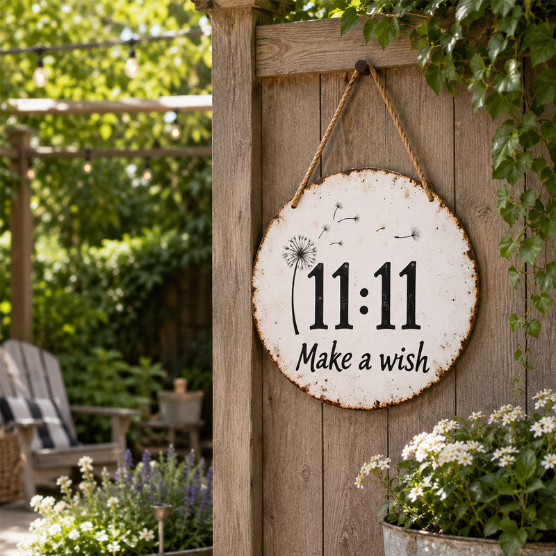 Circular rustic metal sign with dandelion 11:11 make a wish design