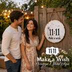 Circular rustic metal sign with dandelion 11:11 make a wish design