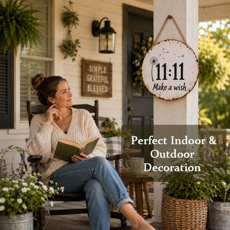 Circular rustic metal sign with dandelion 11:11 make a wish design