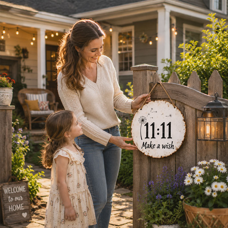 Circular rustic metal sign with dandelion 11:11 make a wish design