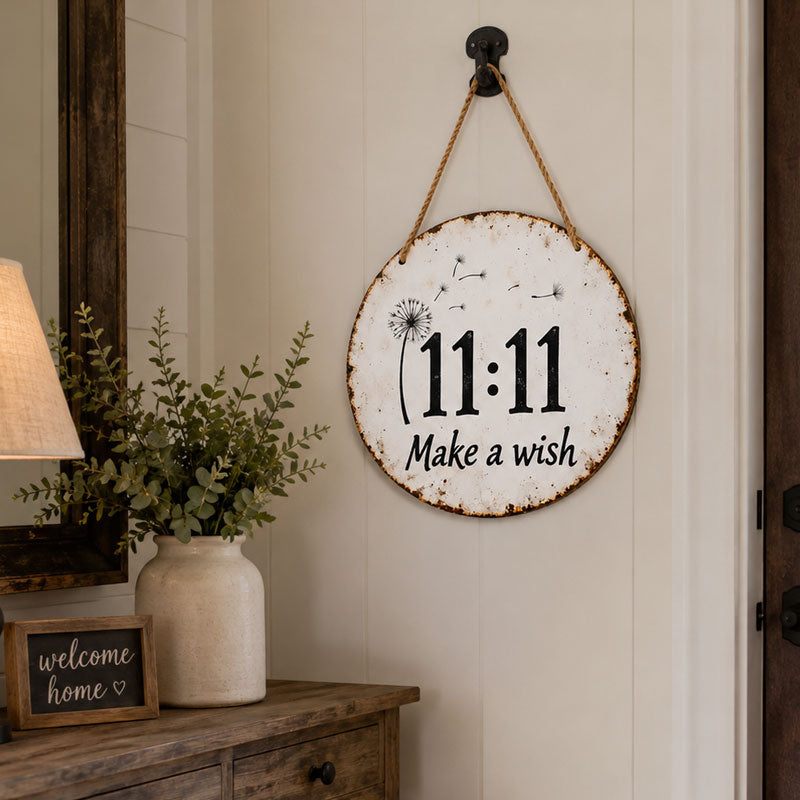 Circular rustic metal sign with dandelion 11:11 make a wish design