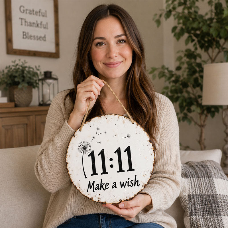 Circular rustic metal sign with dandelion 11:11 make a wish design