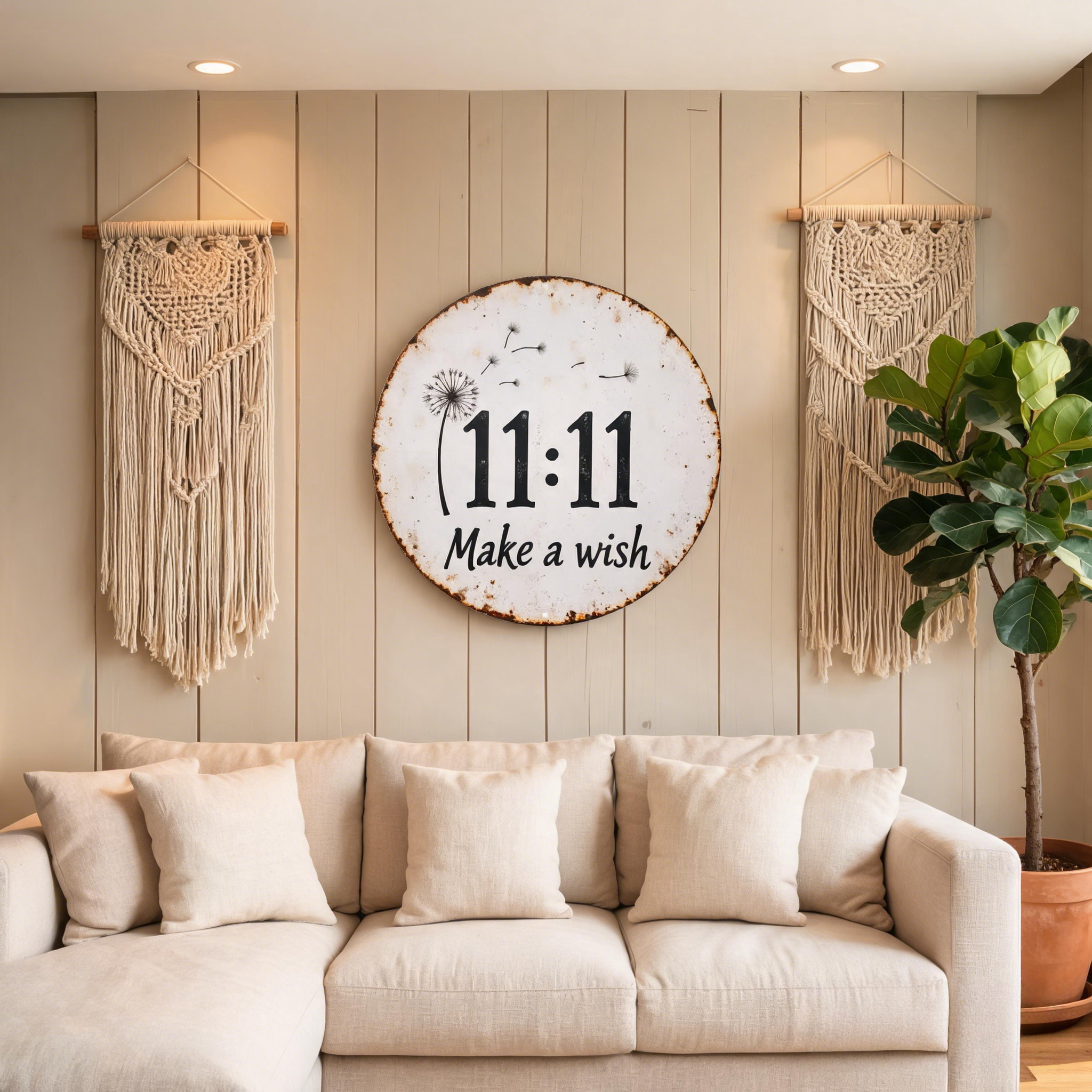 Circular rustic metal sign with dandelion 11:11 make a wish design
